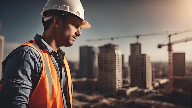 Free photo portrait of a male civil engineer on the background of a construction site