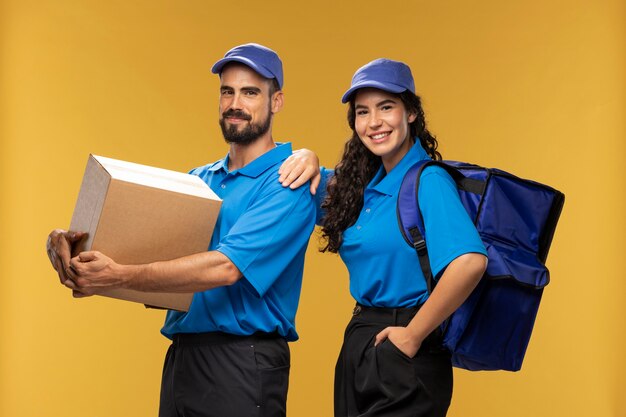 Portrait of male and female deliverers with cardboard parcel and backpack