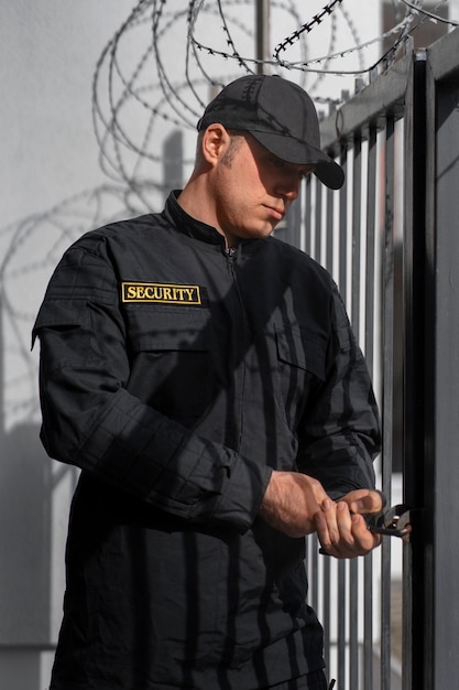 Free photo portrait of male security guard with barbed wire fence