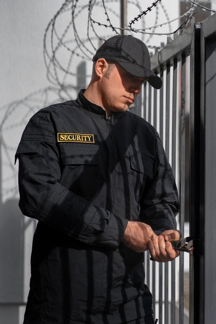 無料Photo 有刺鉄線のフェンスを持つ男性警備員の肖像画