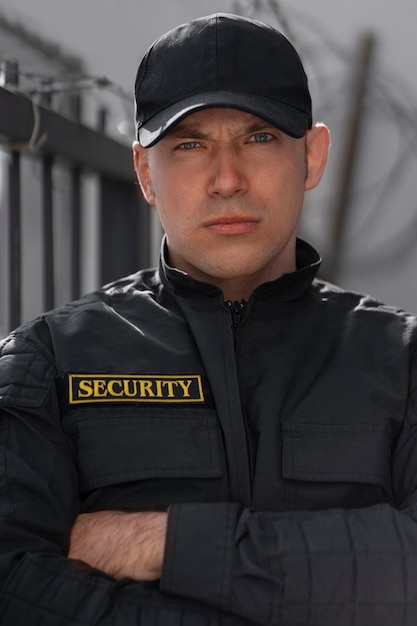 Foto gratuita ritratto di guardia di sicurezza maschile con recinto di filo spinato