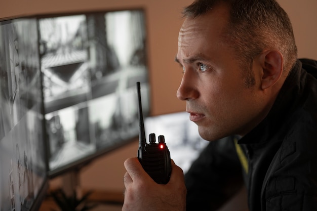 Ritratto di guardia di sicurezza maschile con stazione radio e schermi della fotocamera