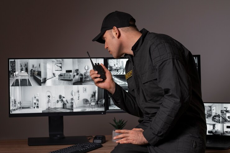 Portrait of male security guard with radio station and camera screens