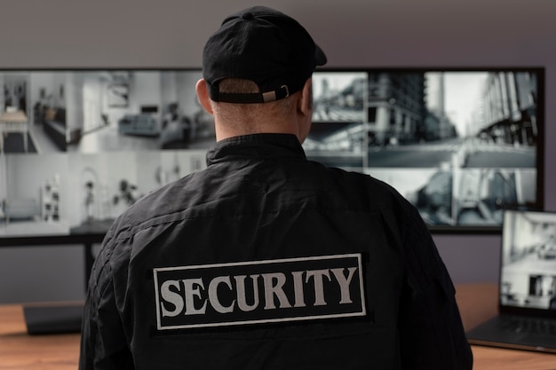 Foto gratuita ritratto di guardia di sicurezza maschile con uniforme