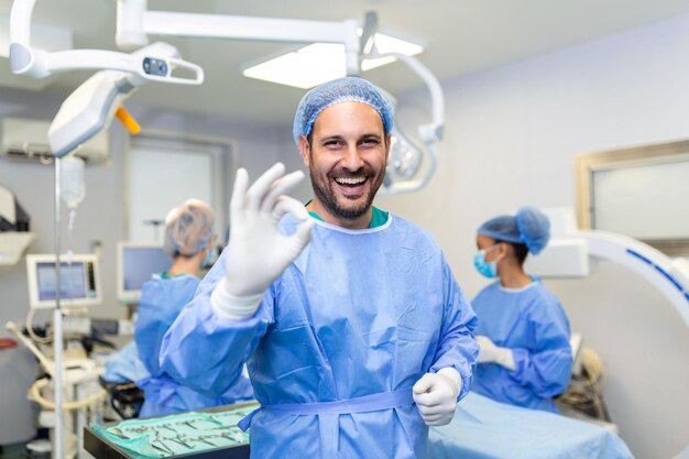 OKジェスチャーを示すカメラを見ている手術室の男性外科医の肖像スクラブの医者と現代の病院の手術室の医療マスク