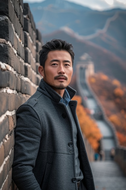 Free photo portrait of male tourist visiting the great wall of china