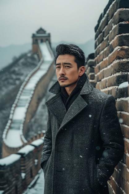 Портрет мужчины-туриста, посещающего Великую Китайскую стену