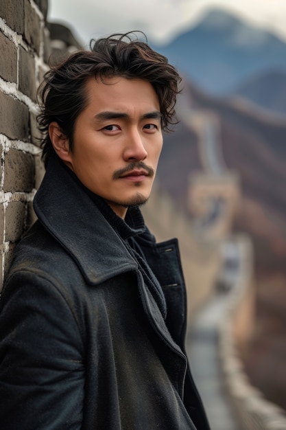 Portrait of male tourist visiting the great wall of china