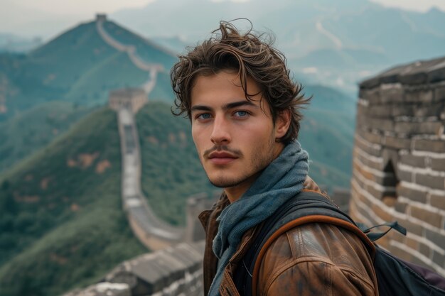 Портрет мужчины-туриста, посещающего Великую Китайскую стену