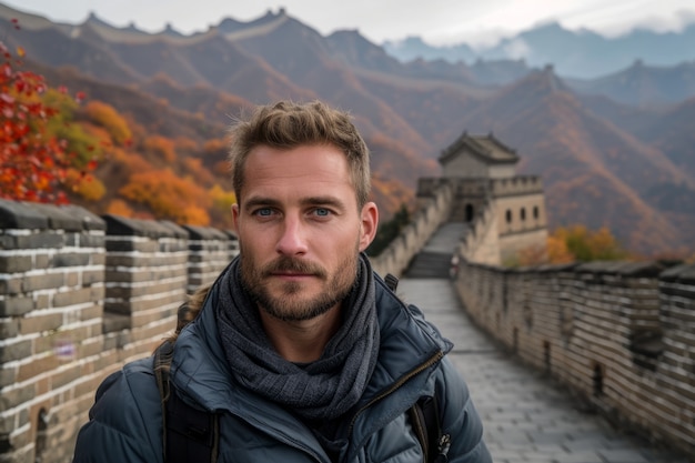 中国の大壁を訪れる男性観光客の肖像画