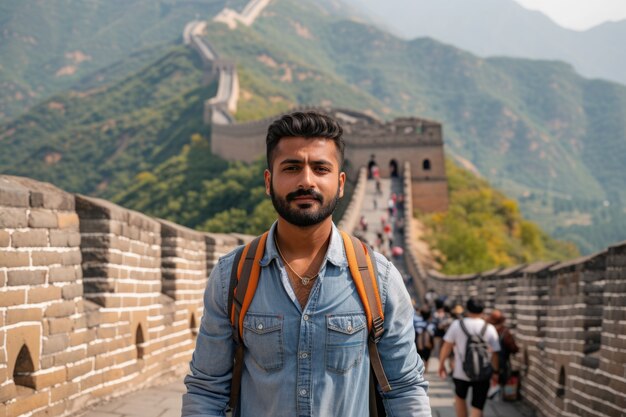 Portrait of male tourist visiting the great wall of china