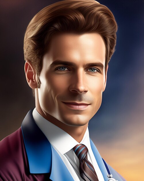 青いスーツと赤いネクタイの男性の肖像画。