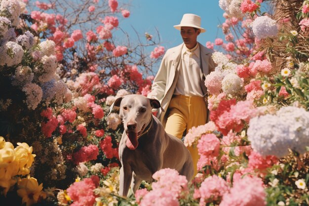 Portrait of man and dog with blossoming springtime flowers