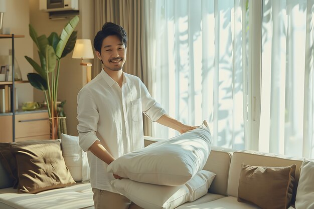 Portrait of man doing household chores and participating in the cleaning of the home