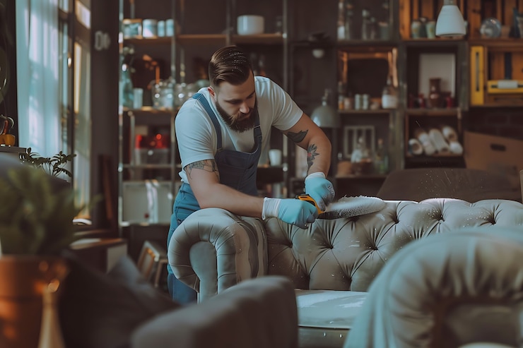 Free Photo portrait of man doing household chores and participating in the cleaning of the home