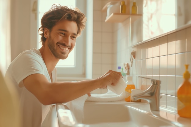 Foto gratuita ritratto di un uomo che fa le faccende domestiche e partecipa alla pulizia della casa