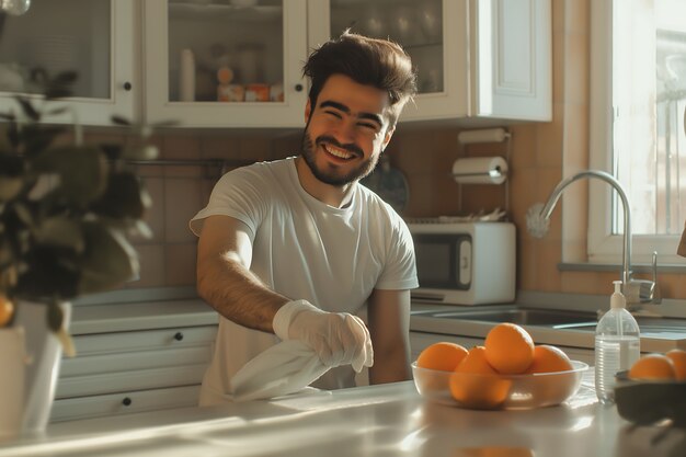 Portrait of man doing household chores and participating in the cleaning of the home