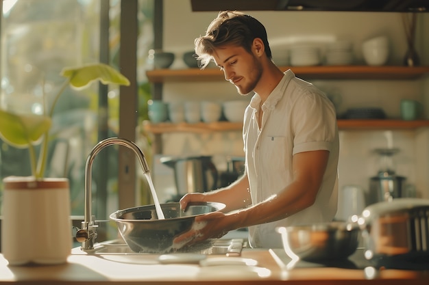 Portrait of man doing household chores and participating in the cleaning of the home