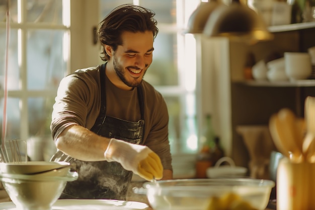 Portrait of man doing household chores and participating in the cleaning of the home