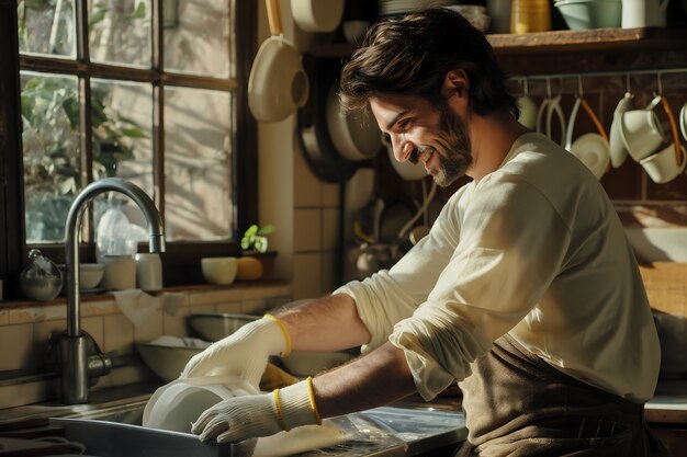 Portrait of man doing household chores and participating in the cleaning of the home