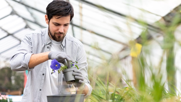 植物を育てる肖像画の男