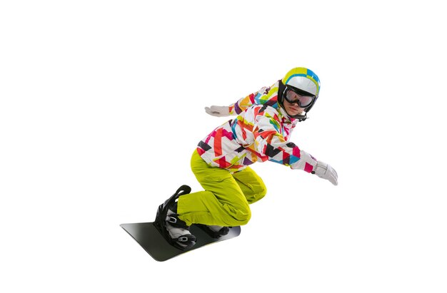 Portrait of man in motion, on snowboard in special brights cloth isolated over white background