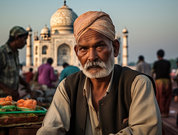 Free photo portrait of man near taj mahal