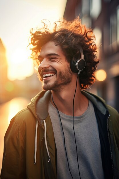 Portrait of man smiling while listening to music