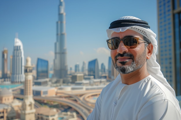 Free photo portrait of man visiting the luxurious city of dubai