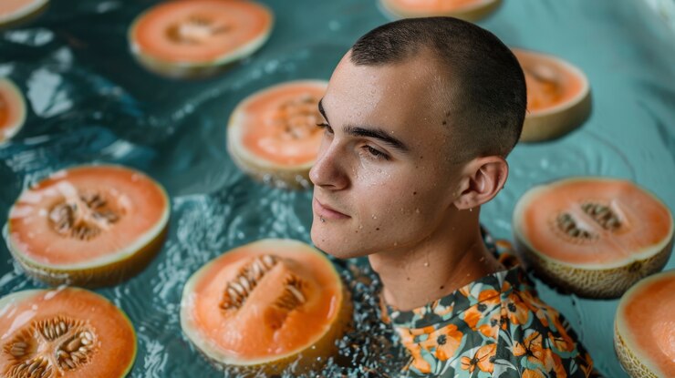 Free Photo portrait of man in water and tropical fruits during summertime