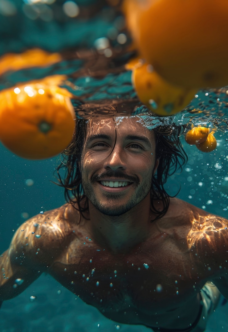 Free Photo portrait of man in water and tropical fruits during summertime