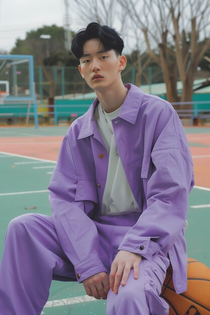 Portrait of man wearing lavender colored fashion garments for color of the year