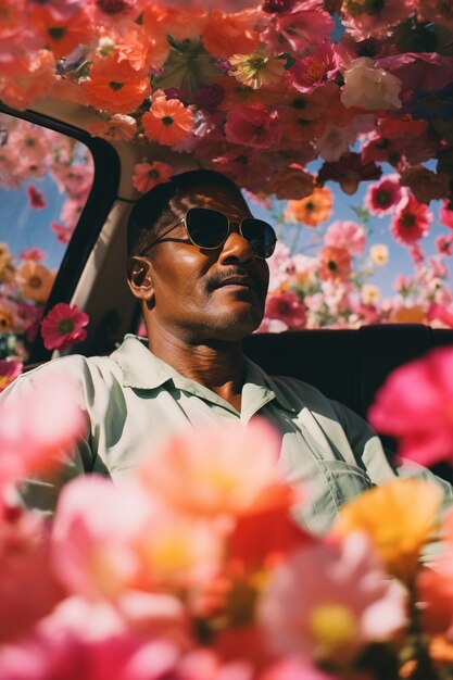 Portrait of man with blossoming springtime flowers