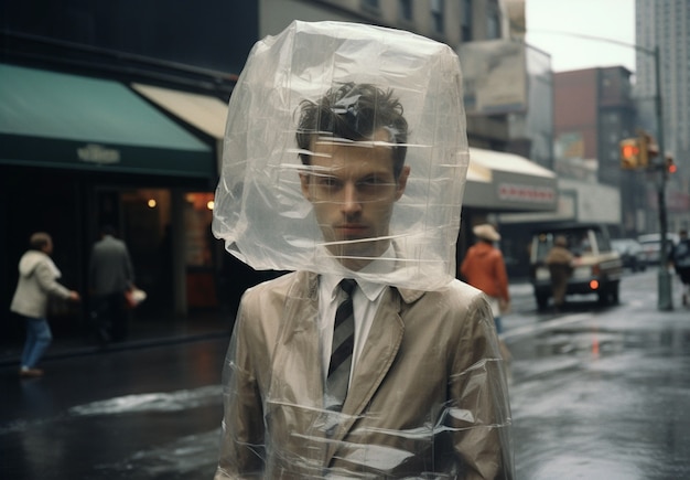 Portrait of man with clear bubble