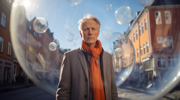 Portrait of man with clear bubble