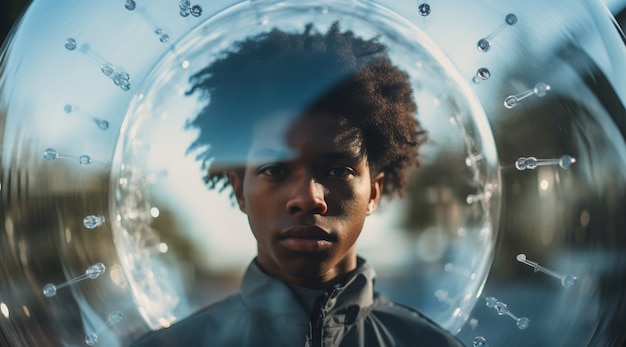 Portrait of man with clear bubble