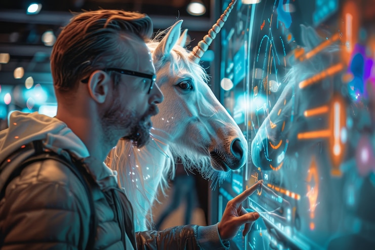Free Photo portrait of man with fantasy unicorn animal and cinematic atmosphere