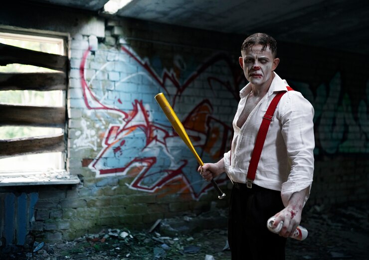 Free Photo portrait of man with scary clown make-up and bat