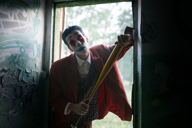 Free photo portrait of man with scary clown make-up and bat