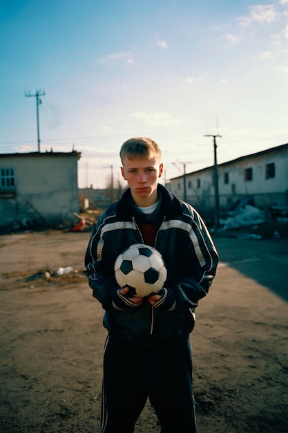 Foto gratuita ritratto di uomo con pallone da calcio