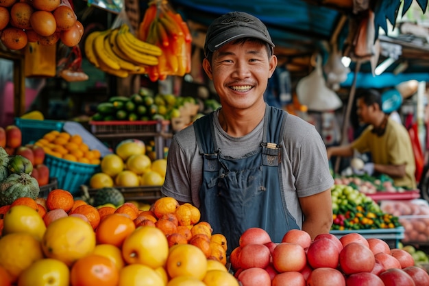 Foto gratuita ritratto di un uomo che lavora come venditore al mercato