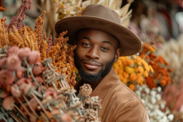 Foto gratuita ritratto di un uomo che lavora in un negozio di fiori secchi