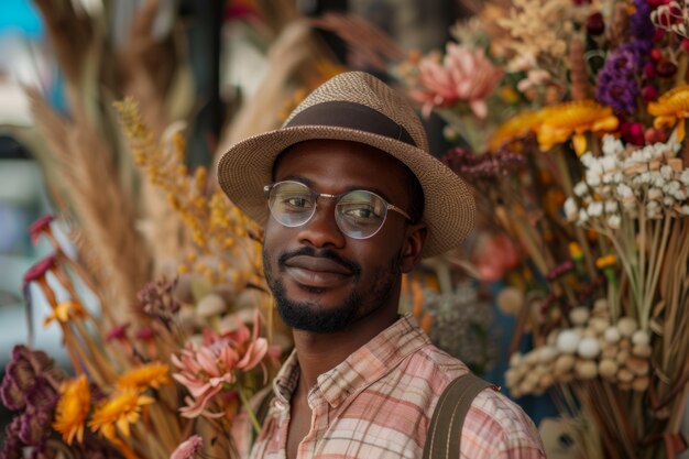 Foto gratuita ritratto di un uomo che lavora in un negozio di fiori secchi