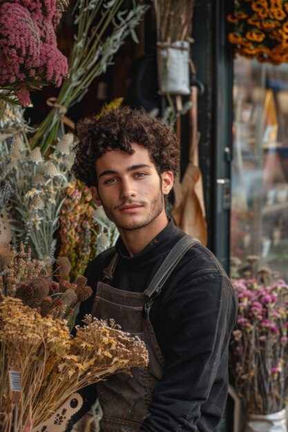 건조한 꽃 가게 에서 일 하는 남자 의 초상화