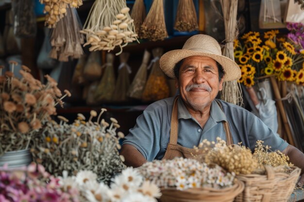 Free photo portrait of man working at a dried flowers shop