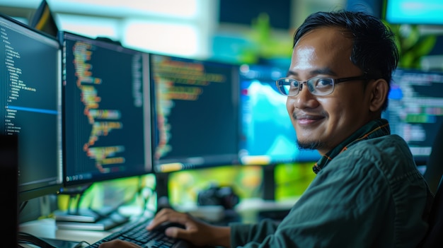 Free photo portrait of man working in it