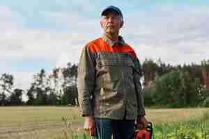 Free photo portrait of mature man wearing jacket and cap posing outdoor in meadow with chainsaw in hands