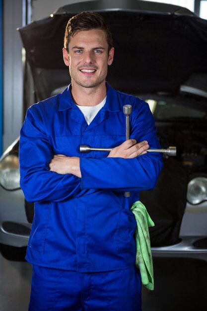 Portrait of mechanic holding lung wrench