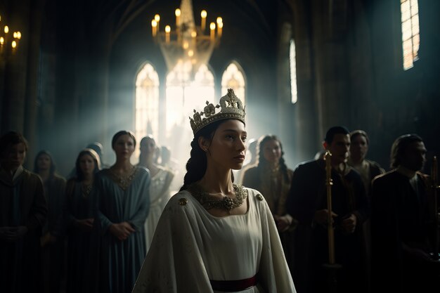 Портрет средневековой королевы с короной на голове