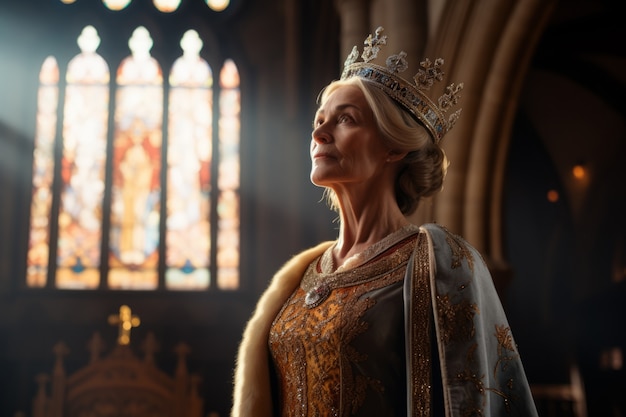 Portrait of medieval queen with crown on her head